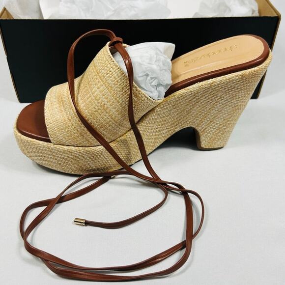 NWT/NIB SHOEDAZZLE Akari Tan Faux-Raffia/Jute Platform Wedge Sandal Tie Straps 8 - Picture 2 of 7